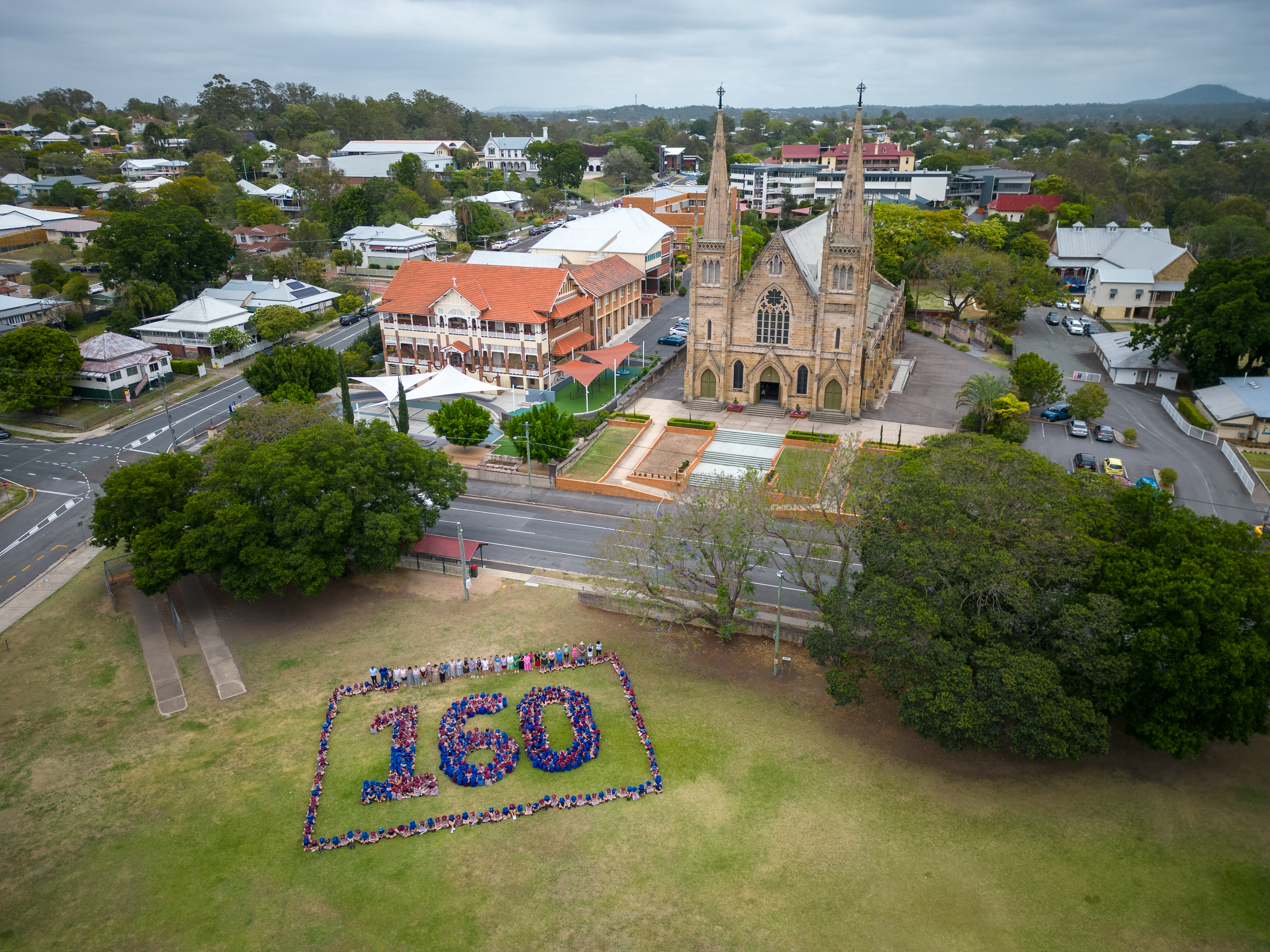 Aerial view of grounds and church