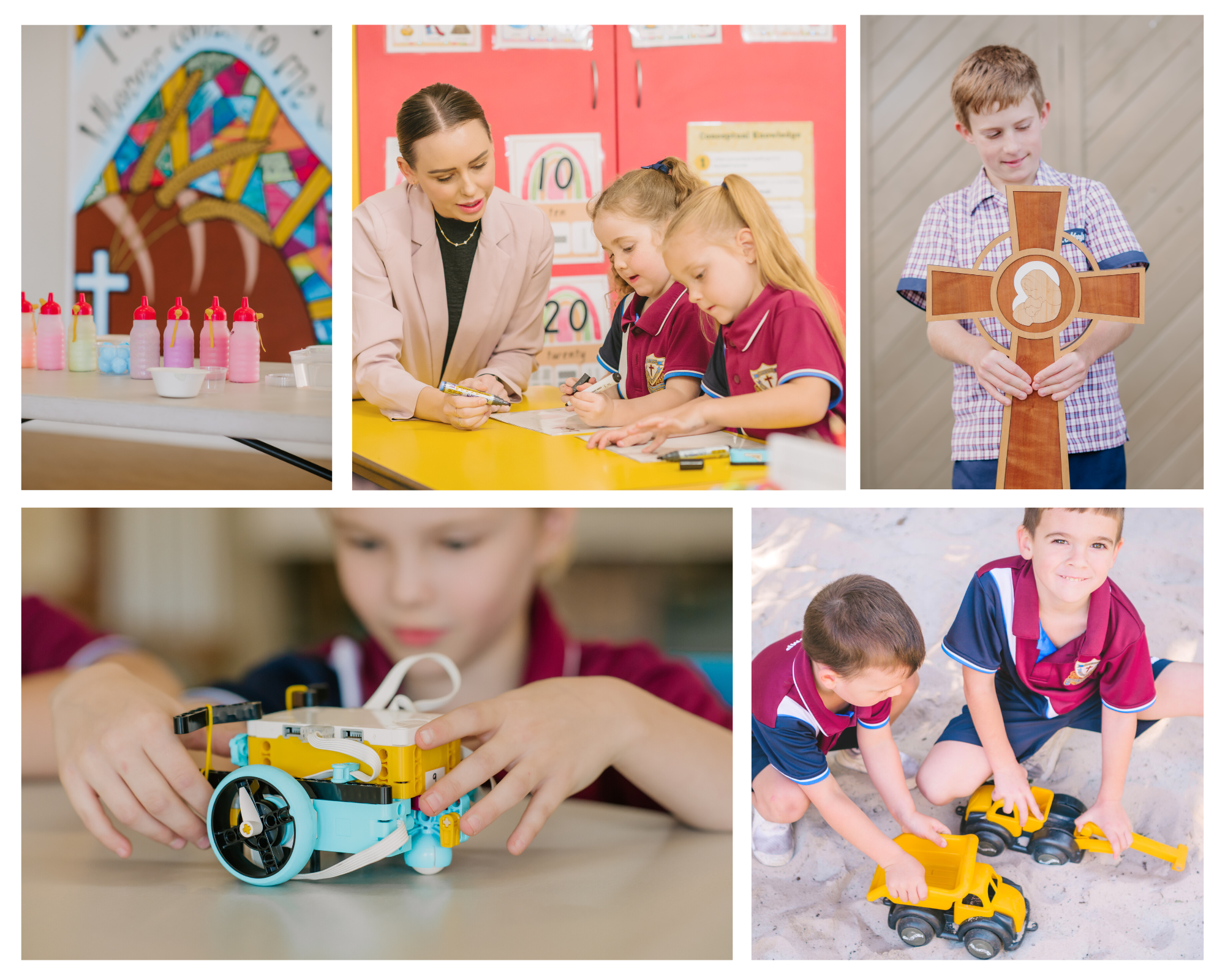 Collage of primary aged children taking part in school life.